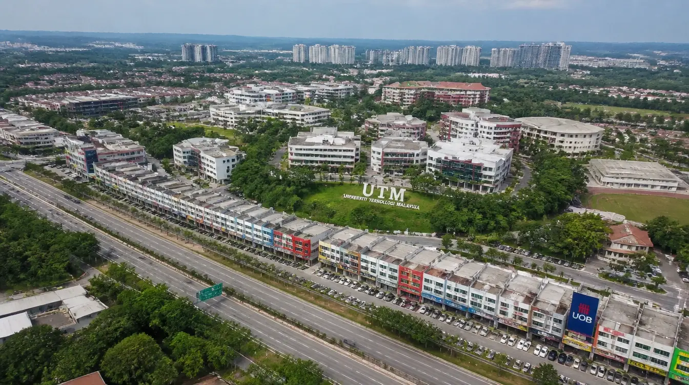 An overview of Skudai in Johor, a university campus and shoplot rows along the highway