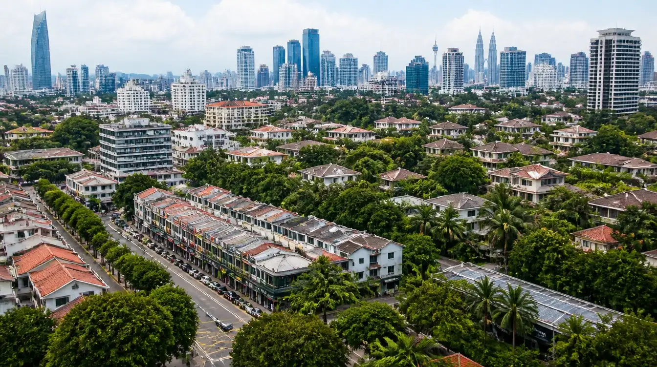 An overview of Bangsar in Kuala Lumpur, low-rise streets with the city skyline behind