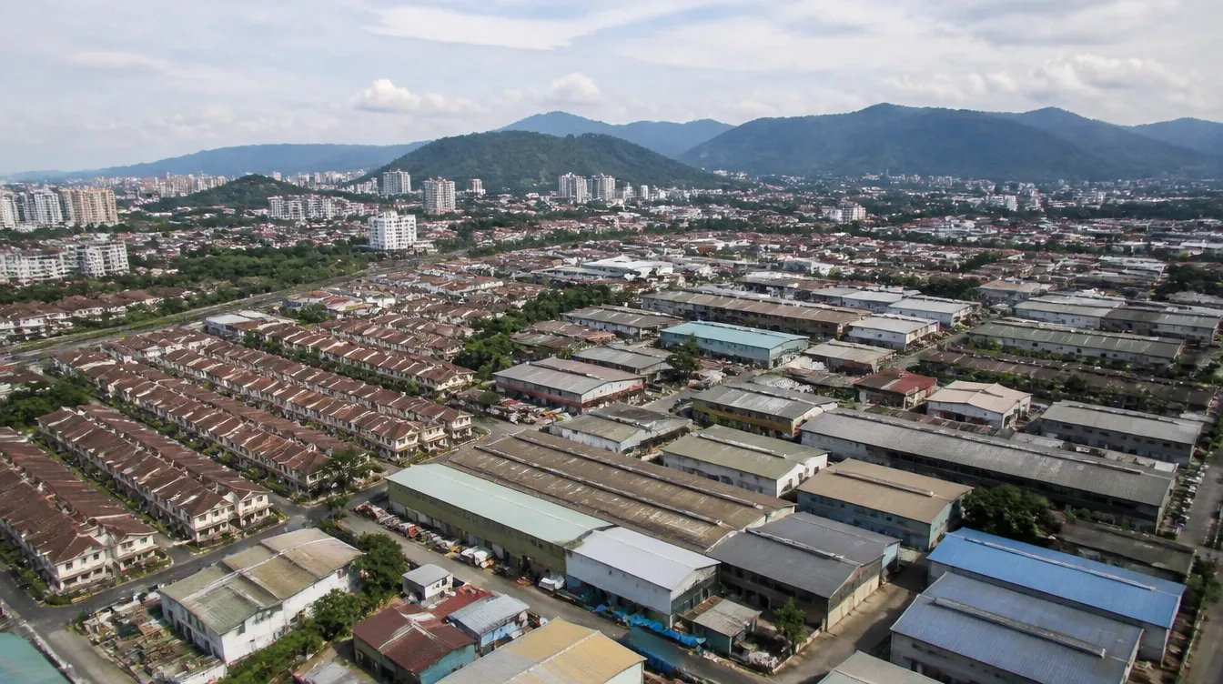 An overview of Kepong in Kuala Lumpur, housing rows beside workshop and warehouse units