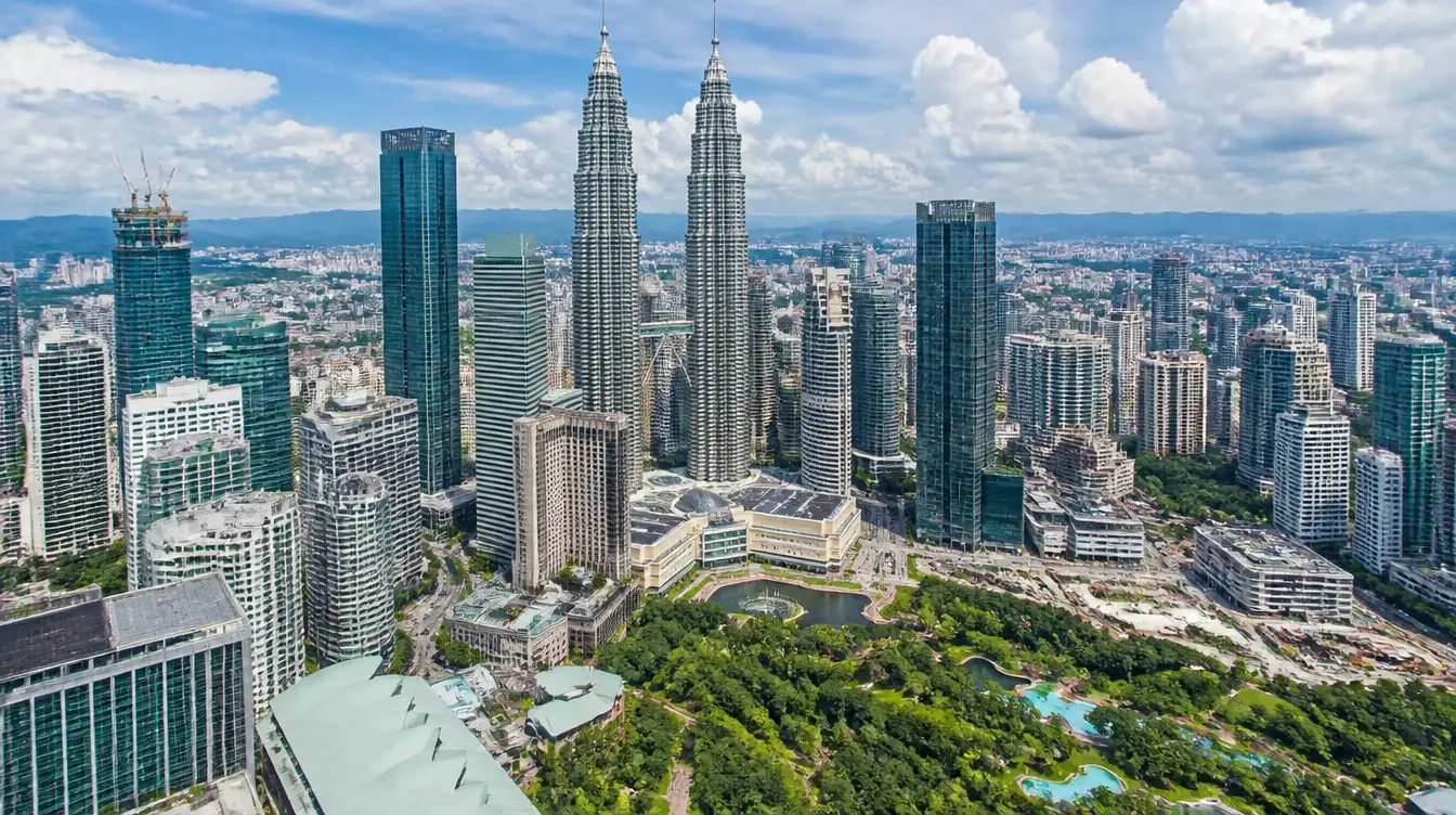 An overview of the KLCC district in Kuala Lumpur with the Petronas Twin Towers