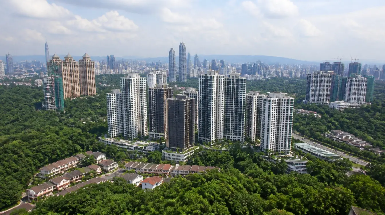An overview of Mont Kiara in Kuala Lumpur, condominium towers among hillside greenery