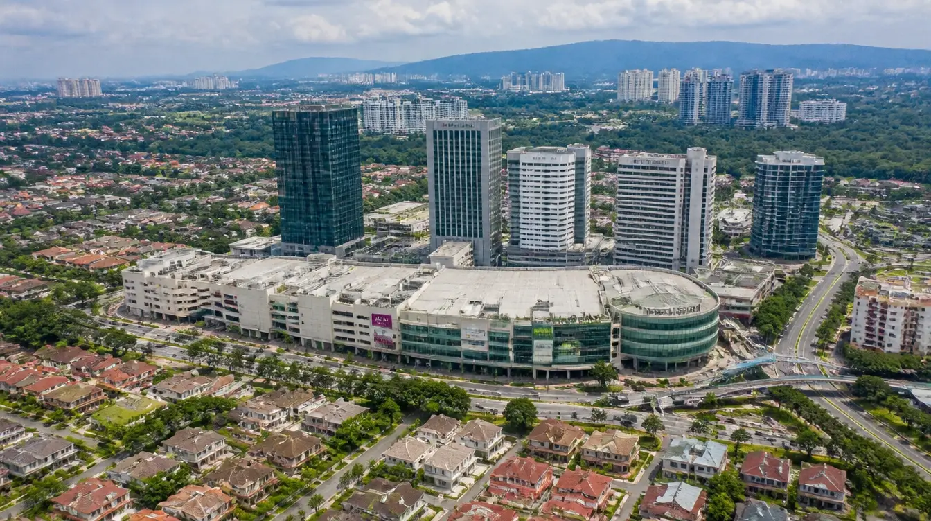 An overview of Bandar Utama in Petaling Jaya, a shopping mall and office towers among housing