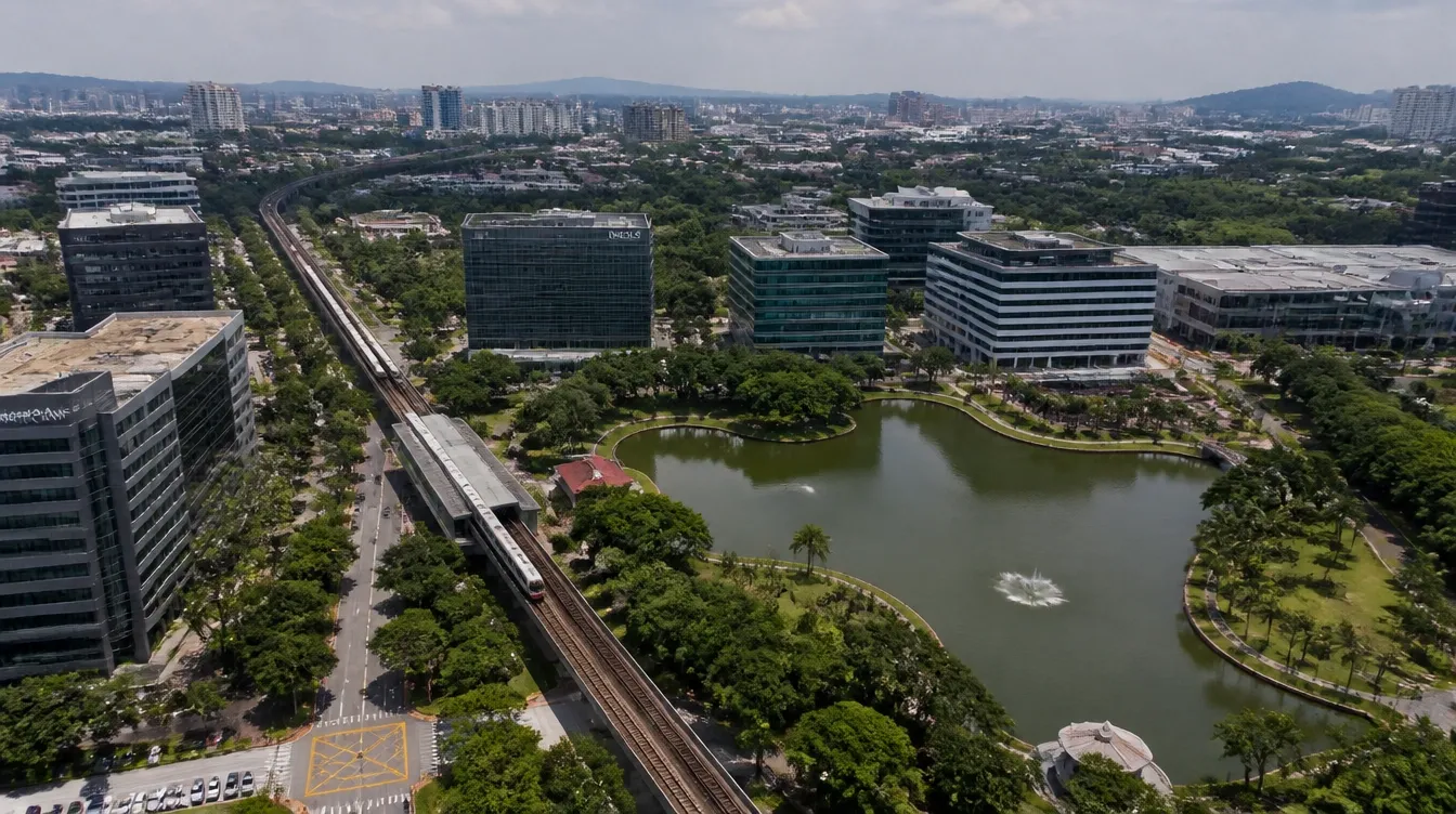 An overview of Kelana Jaya in Petaling Jaya, business park offices beside the lake gardens