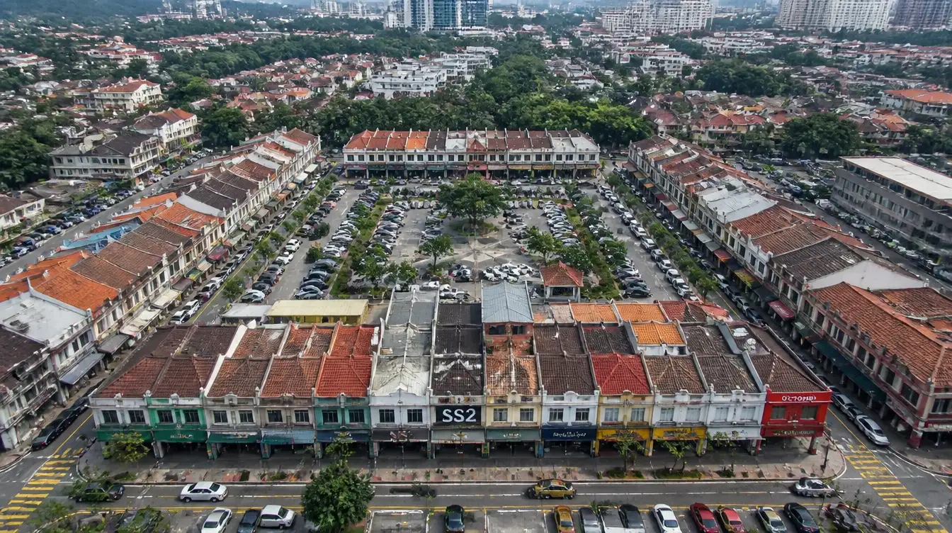 An overview of SS2 in Petaling Jaya, shoplot rows around the central square