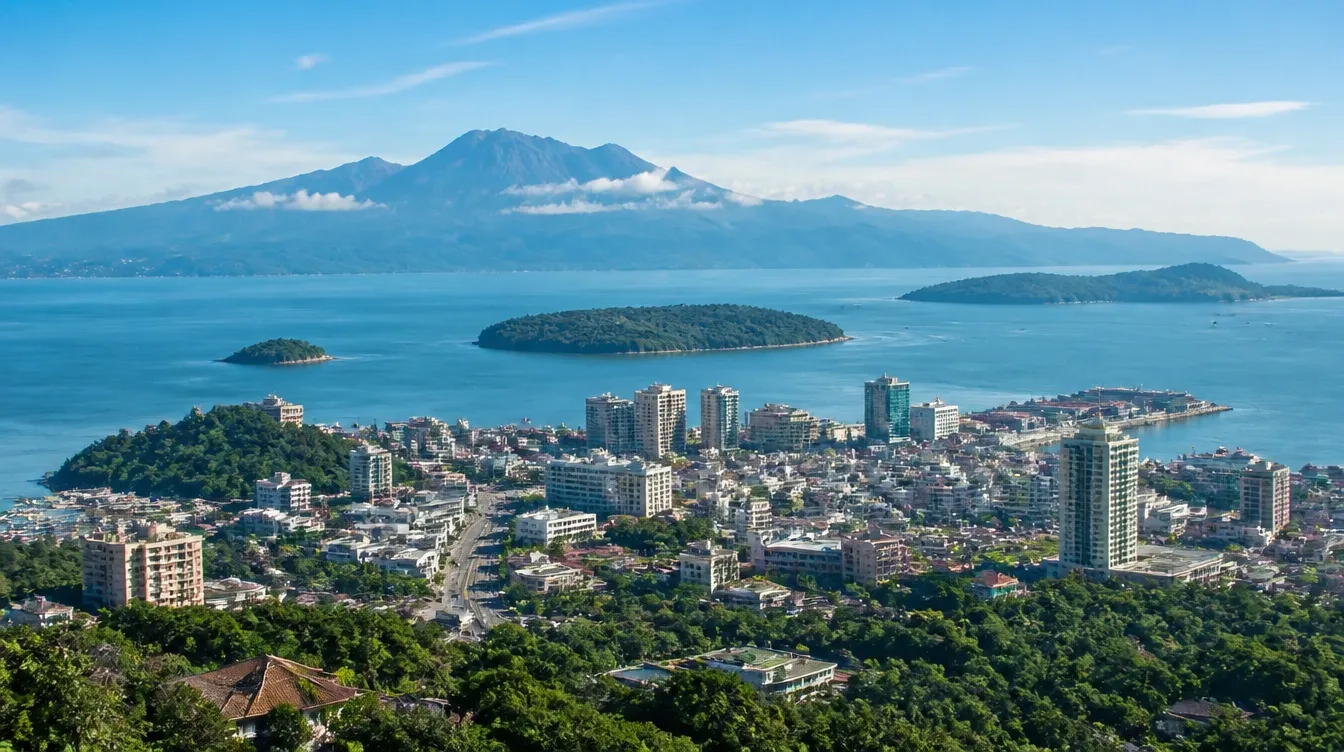 An overview of Kota Kinabalu in Sabah, the waterfront city with islands offshore and Mount Kinabalu beyond