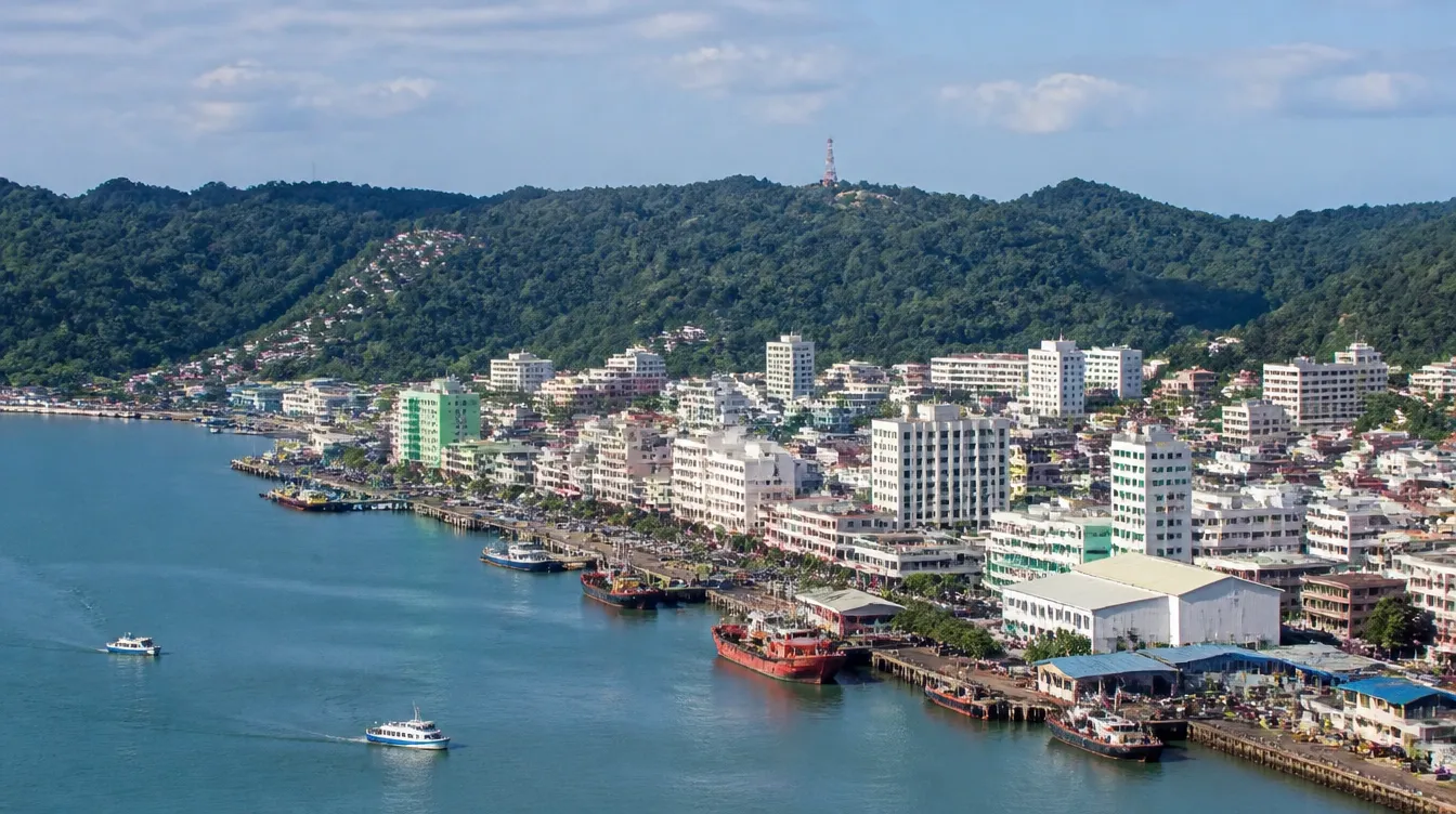 An overview of Sandakan in Sabah, the town and port along the bay