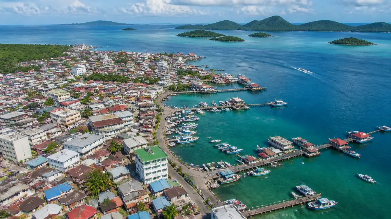 An overview of Semporna in Sabah, the waterfront town with jetties and boats among the islands