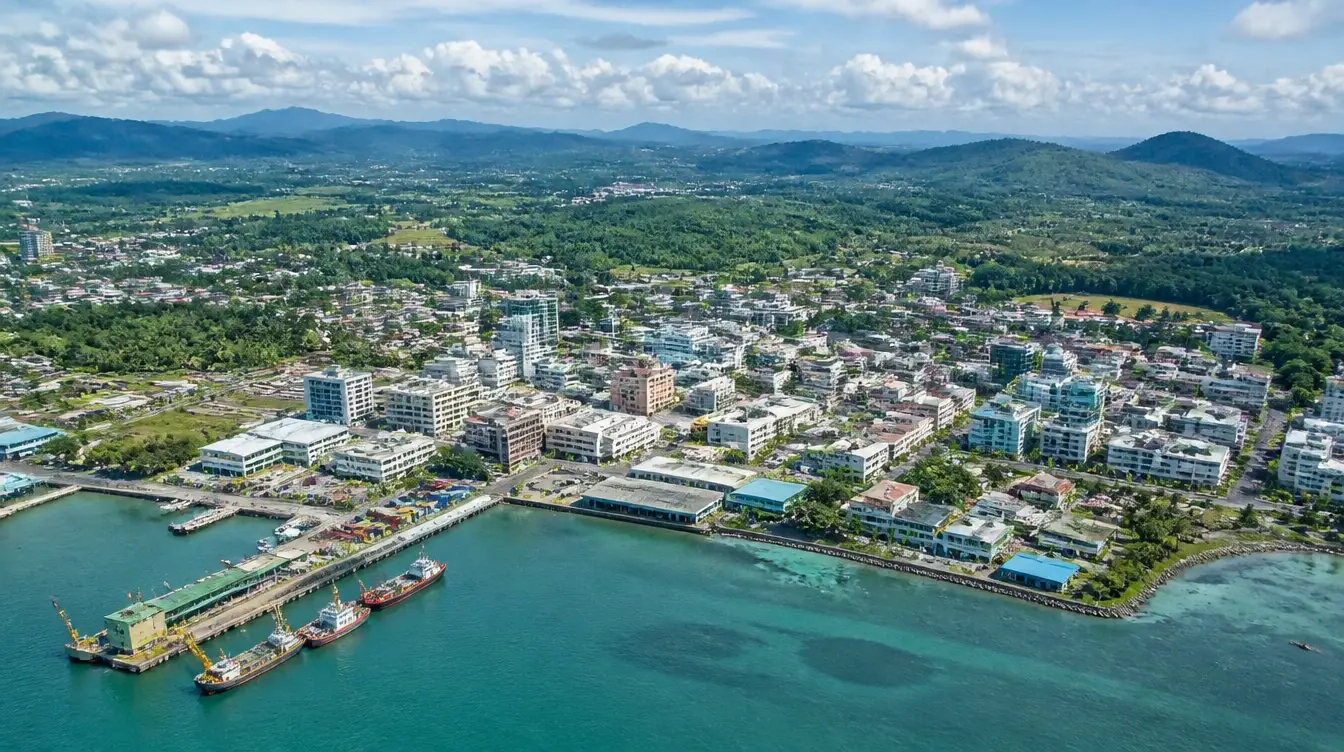 An overview of Tawau in Sabah, the coastal town and port with hills behind