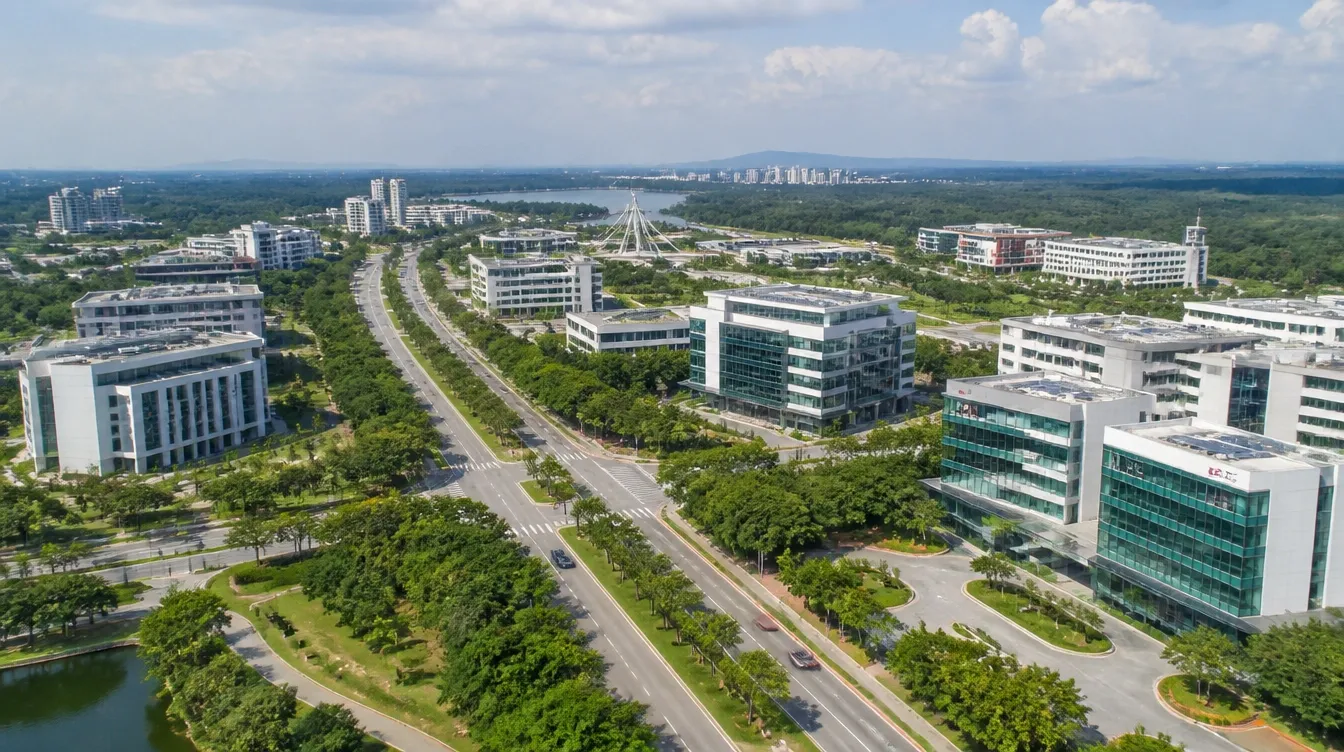 An overview of Cyberjaya in Selangor, office campuses along wide landscaped boulevards
