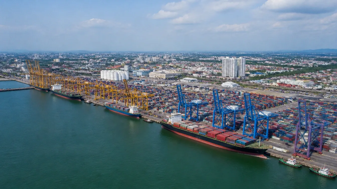 An overview of Port Klang in Selangor, container terminals and cranes along the wharves
