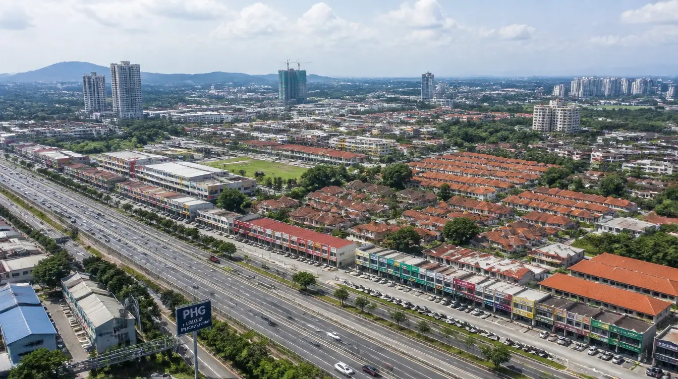 An overview of Puchong in Selangor, suburban housing and shoplot rows along the highway