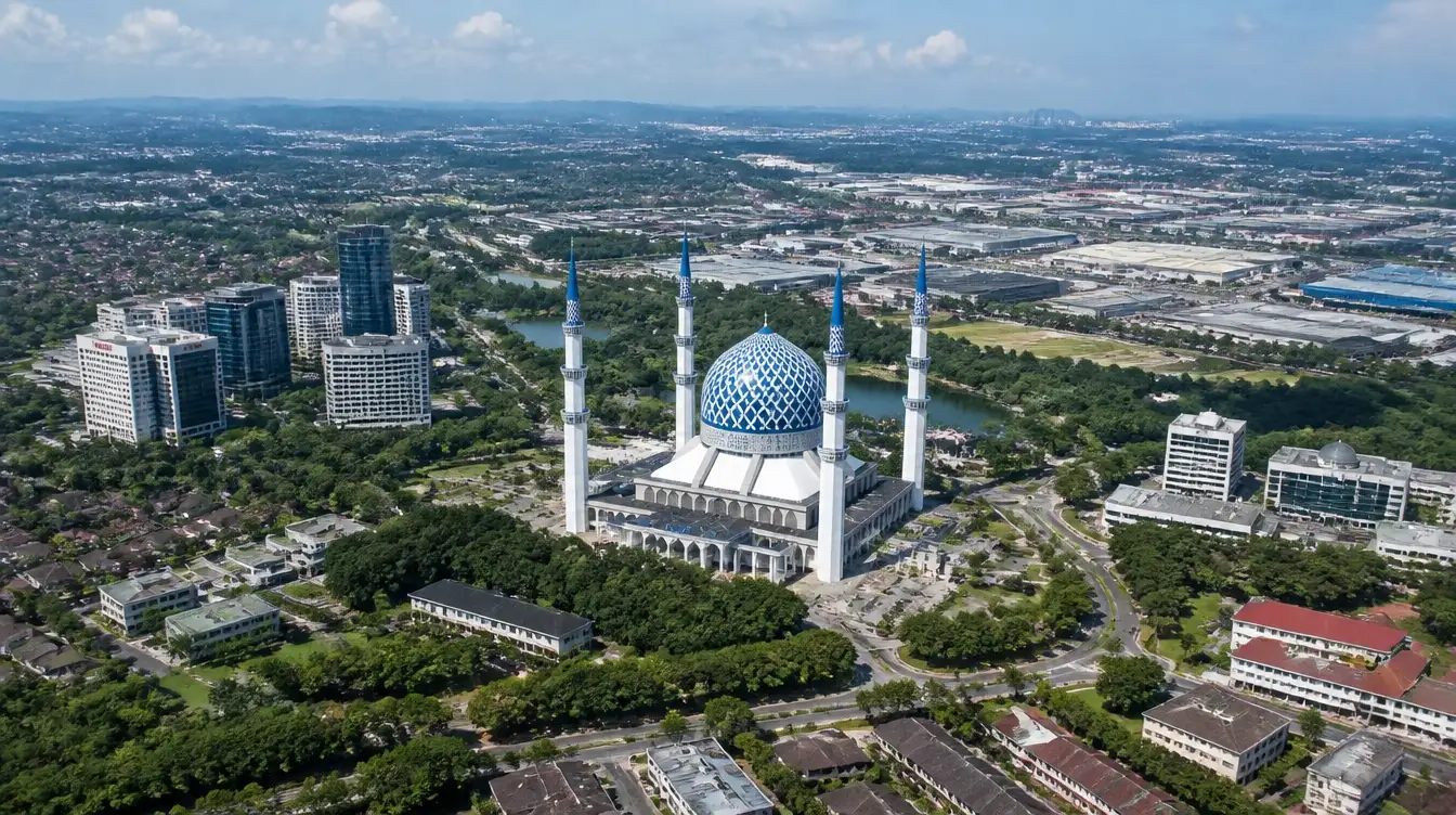 An overview of Shah Alam in Selangor with the state mosque and industrial estates beyond