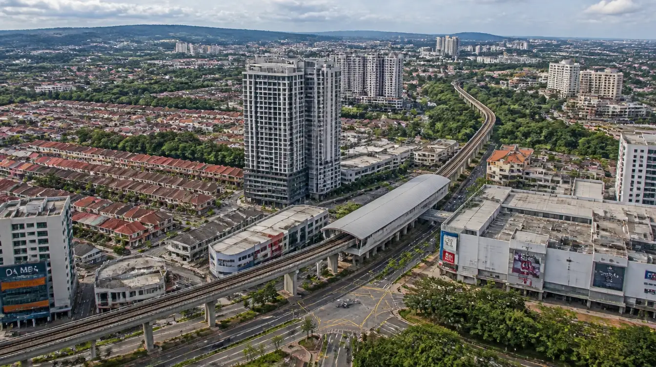 An overview of Subang Jaya in Selangor, township housing and commercial blocks along the rail line