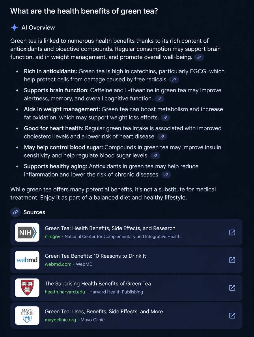 Mobile AI search result with cited sources listed underneath