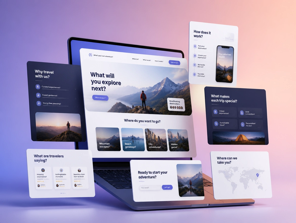 Website mockup showing question-shaped headings