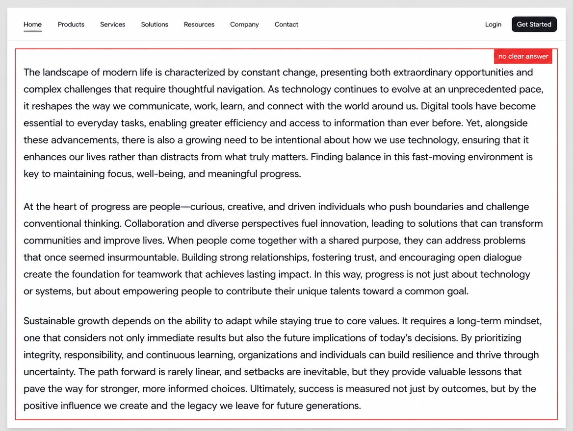 A long unbroken page of text with no clear answer near the top
