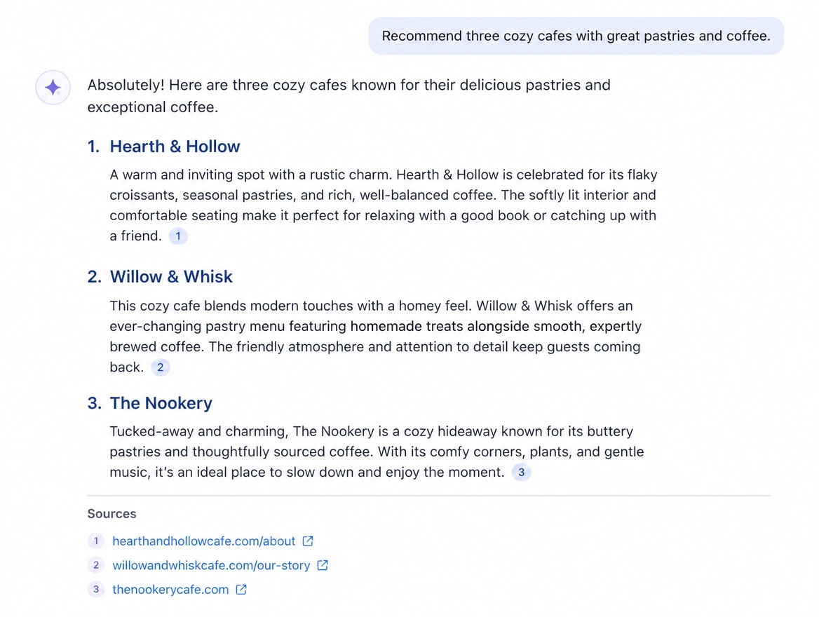 AI assistant answer recommending three cafes with cited sources