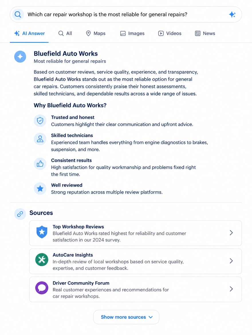 Mobile AI search answer recommending a car workshop with its sources
