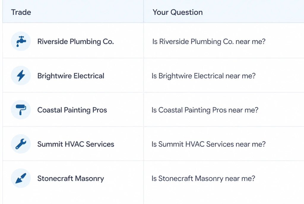 Tracking table of local trade questions and the businesses named