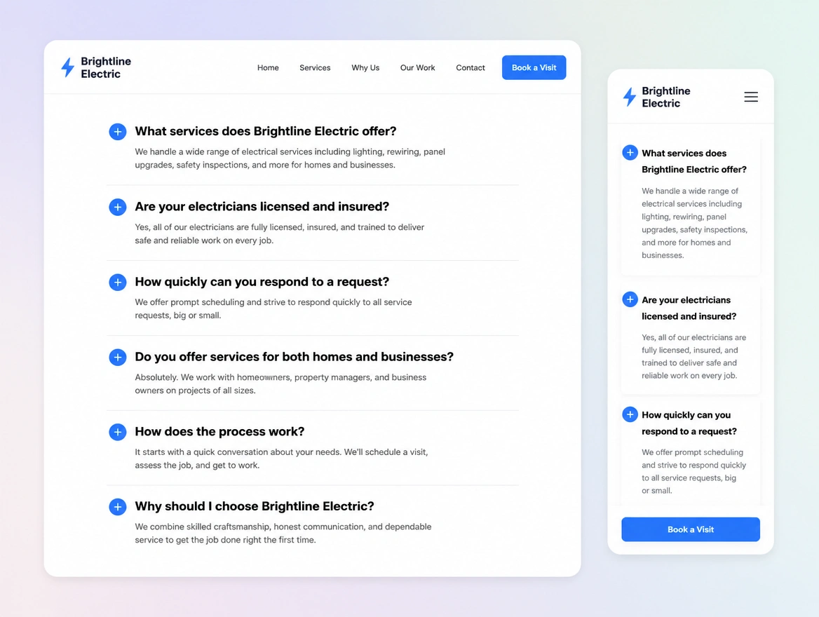 Website mockup showing question-shaped headings