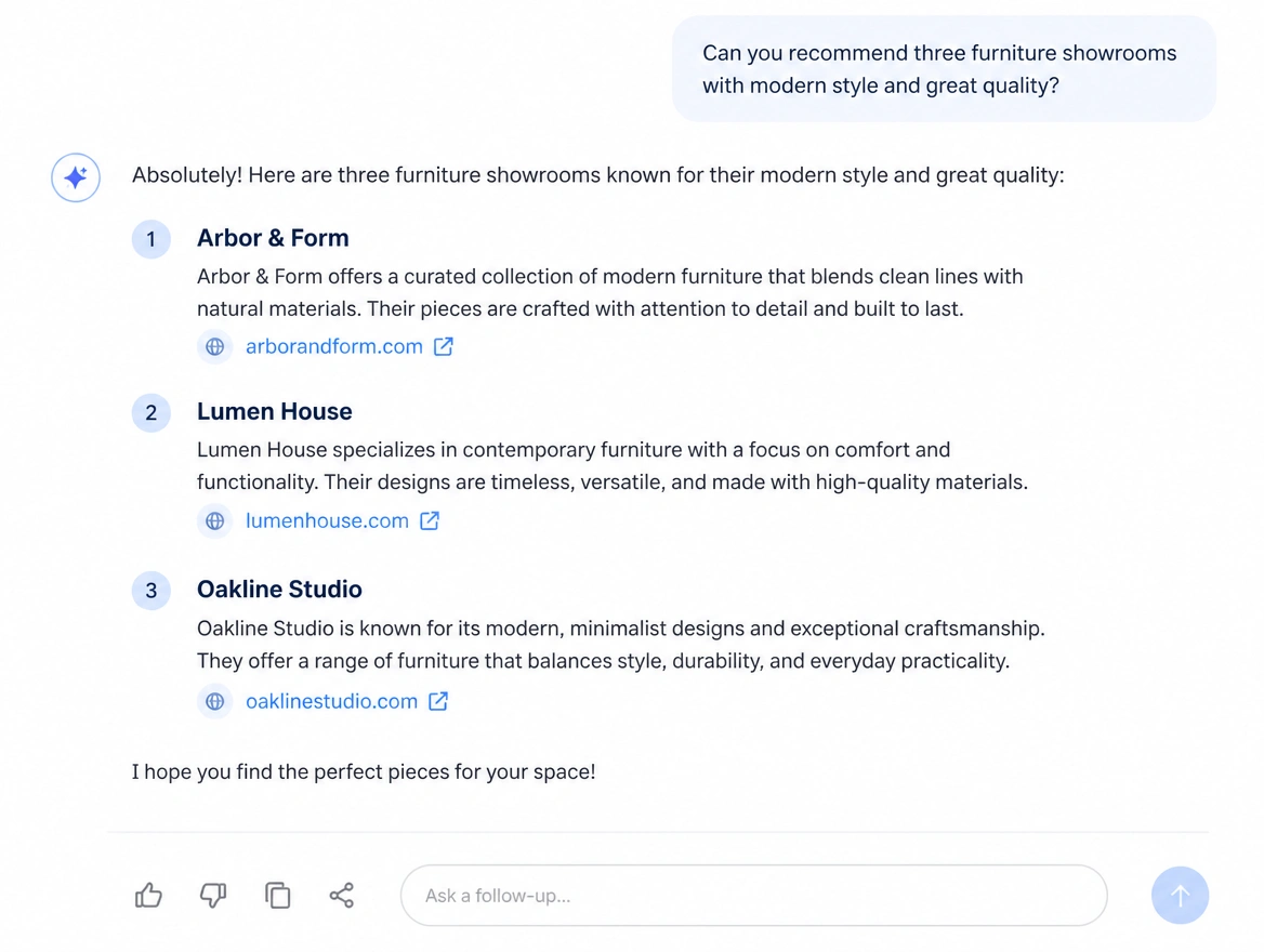 AI assistant answer recommending three furniture showrooms with cited sources