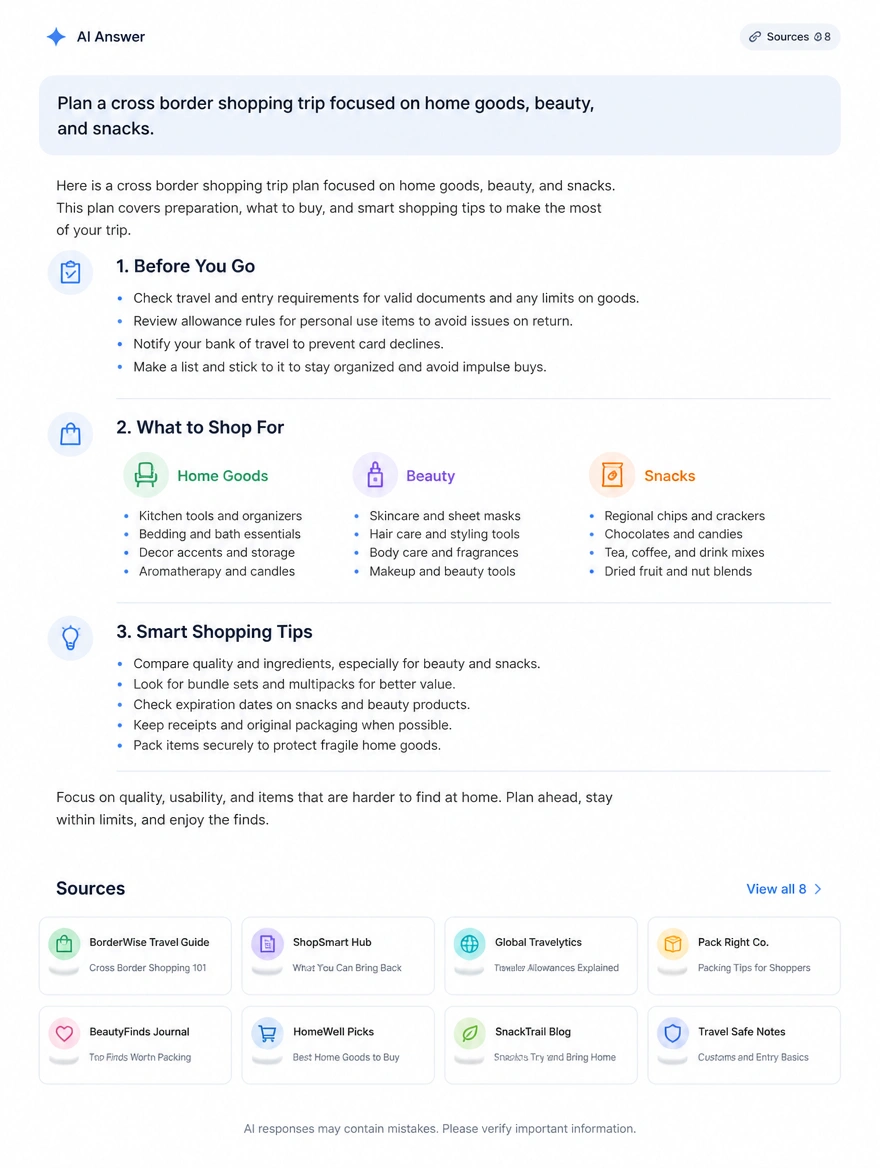 Mobile AI search answer planning a cross border shopping trip with its sources