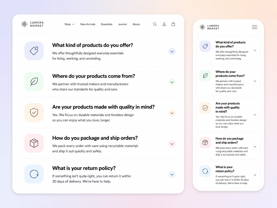 Website mockup showing question-shaped headings
