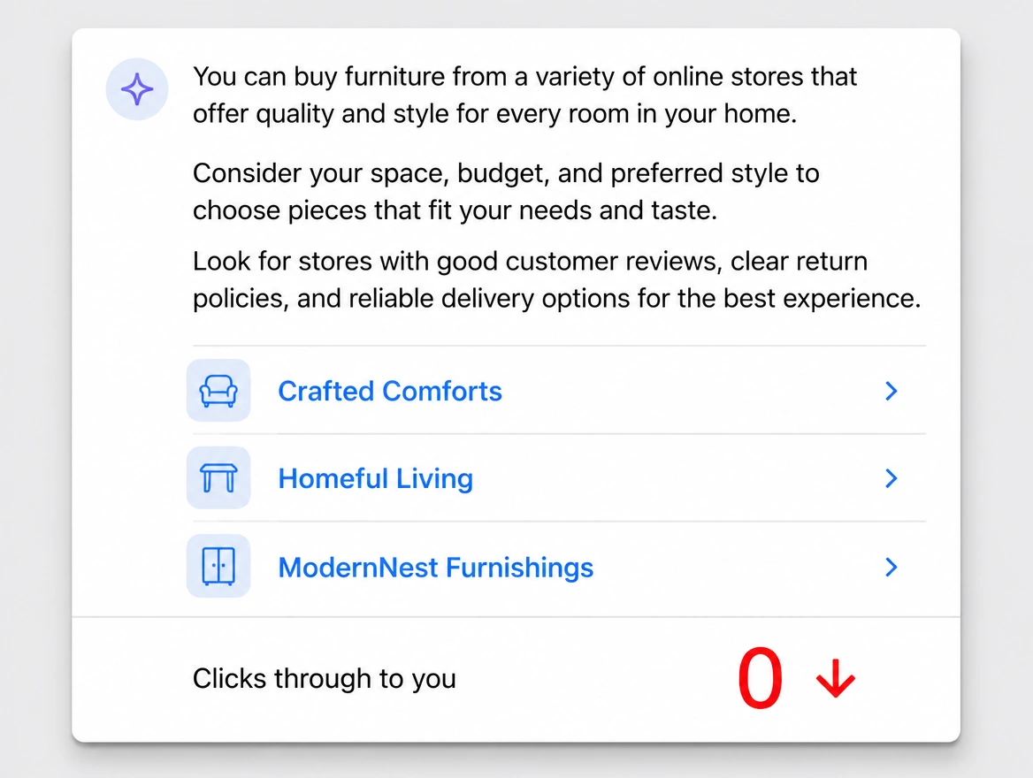 AI answer covering the question with no clicks through to the store