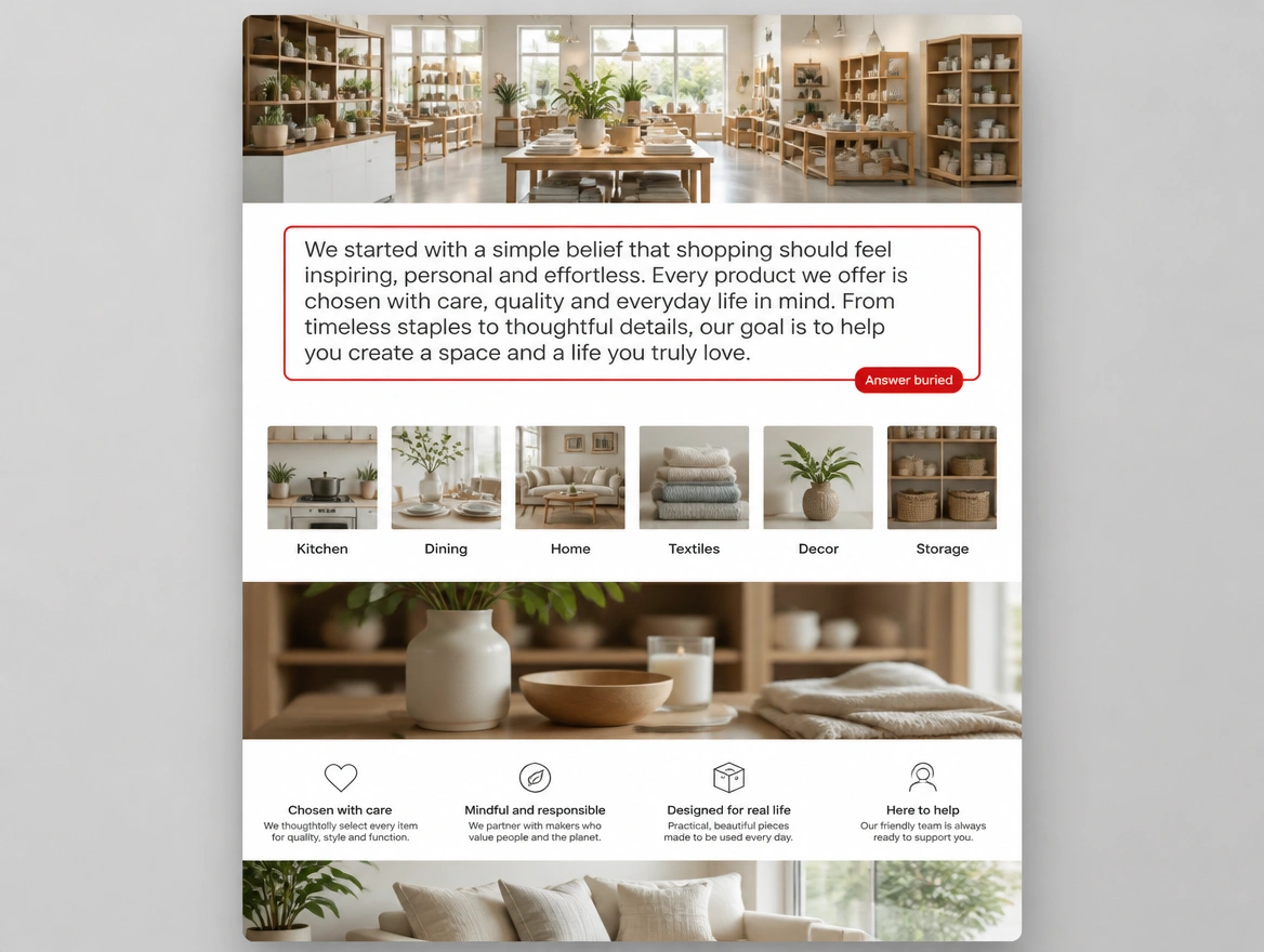 Retail page opening with company background and the answer buried