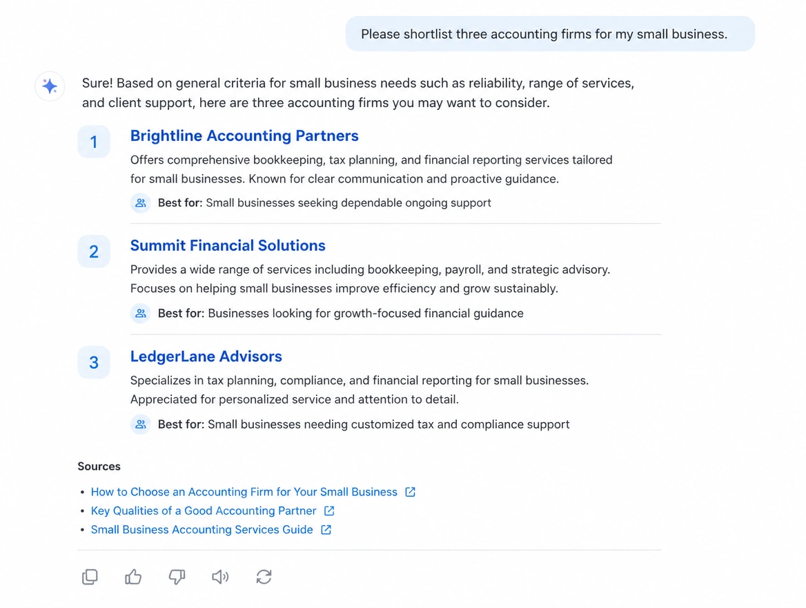 AI assistant answer shortlisting three accounting firms with cited sources