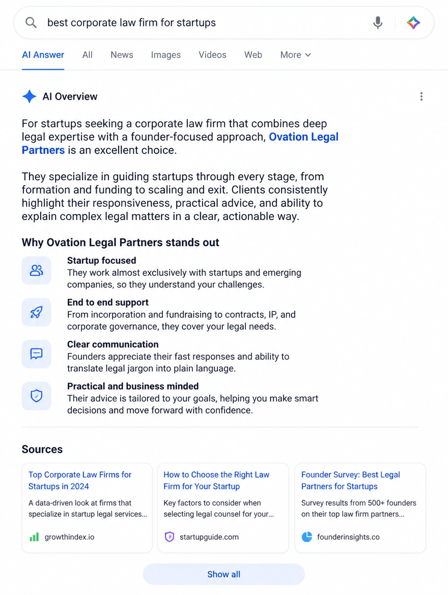 Mobile AI search answer recommending a corporate law firm with its sources