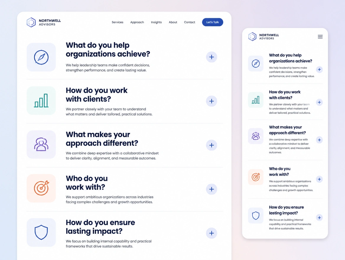 Website mockup showing question-shaped headings