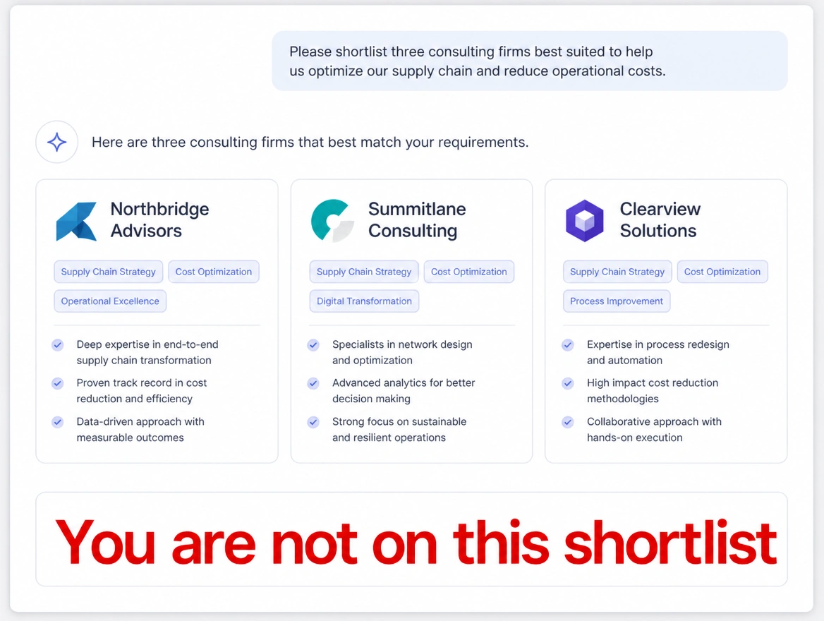 AI answer shortlisting three rival consulting firms with the firm missing