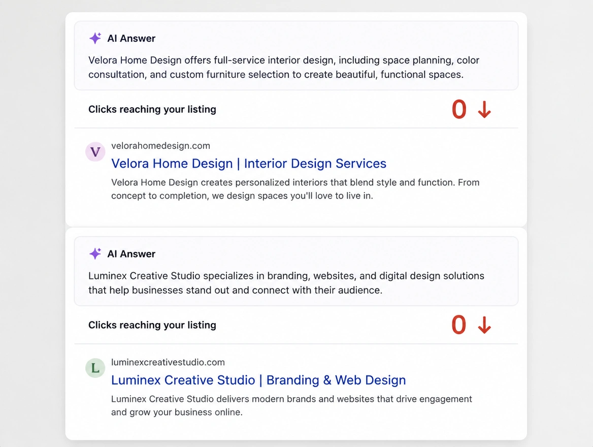 AI answer above every listing with no clicks reaching the listing