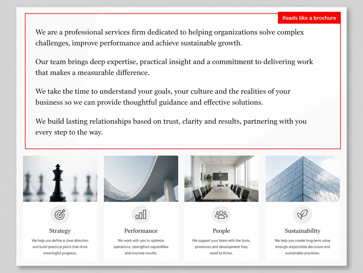 Professional services page reading like a brochure with the answer buried