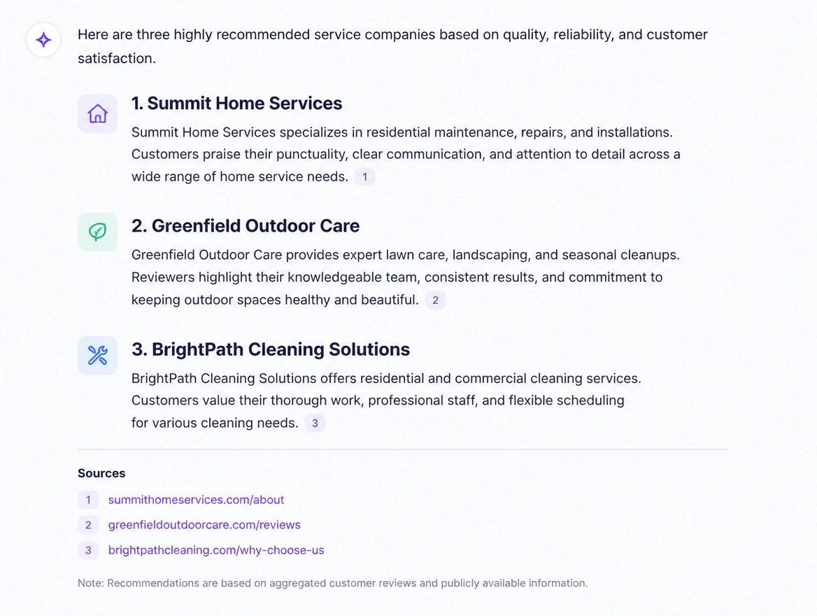 AI assistant answer recommending three service companies with cited sources