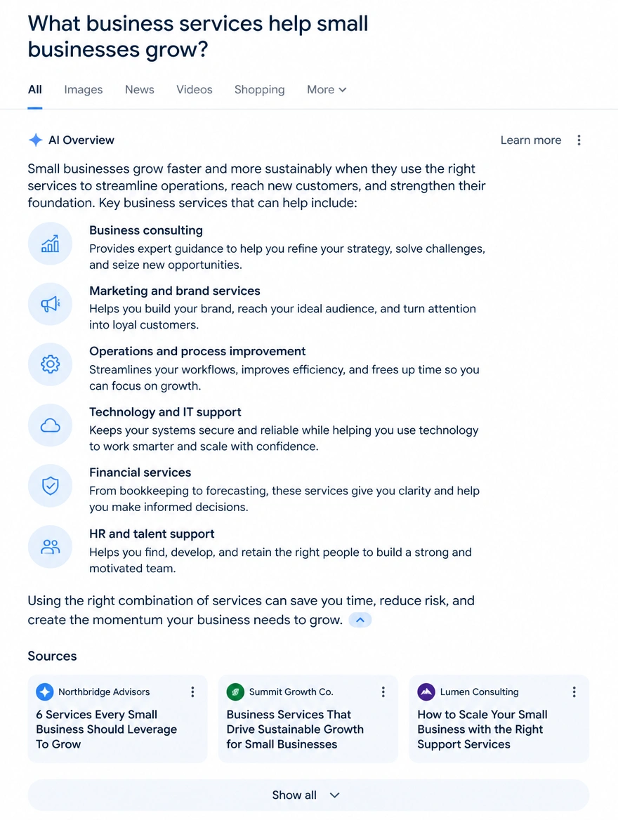 Mobile AI overview answering a business services question with its sources listed