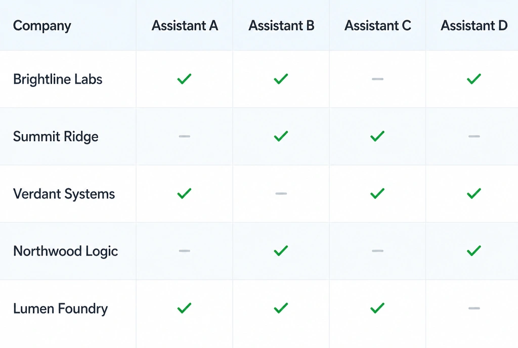 Table comparing which assistant named which company