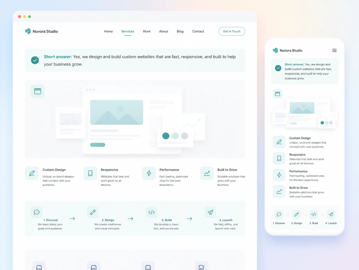 Website mockup showing answer-first rewrites