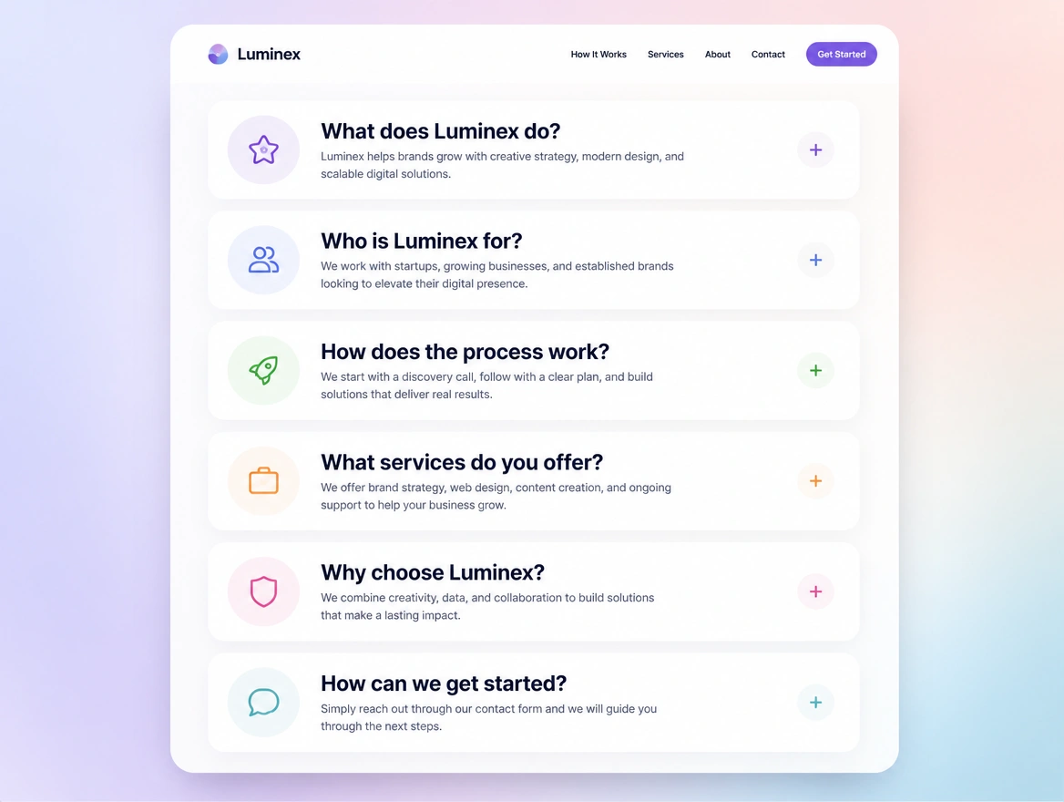 Website mockup showing question-shaped headings