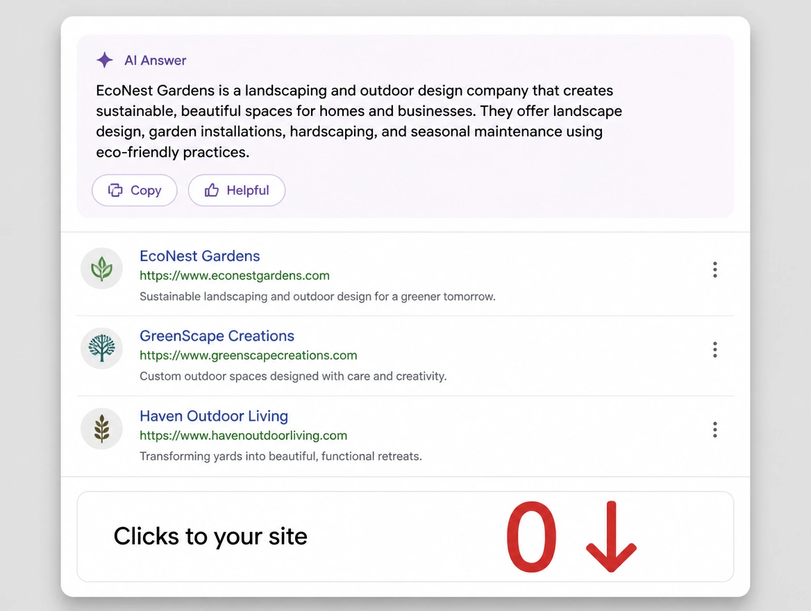 AI answer above the links with no clicks reaching the site