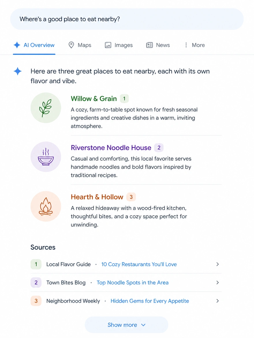 Mobile AI overview answering where to eat, with its sources listed