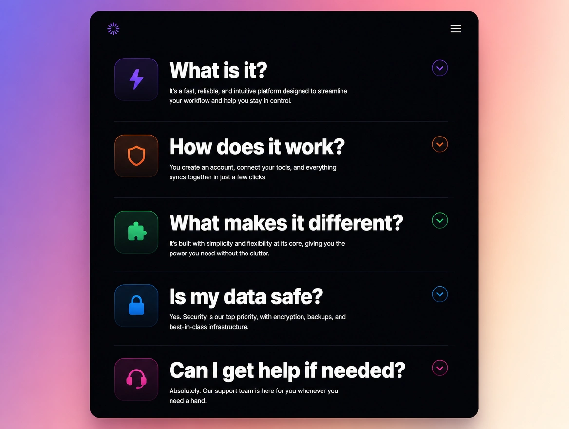 Website mockup showing question-shaped headings