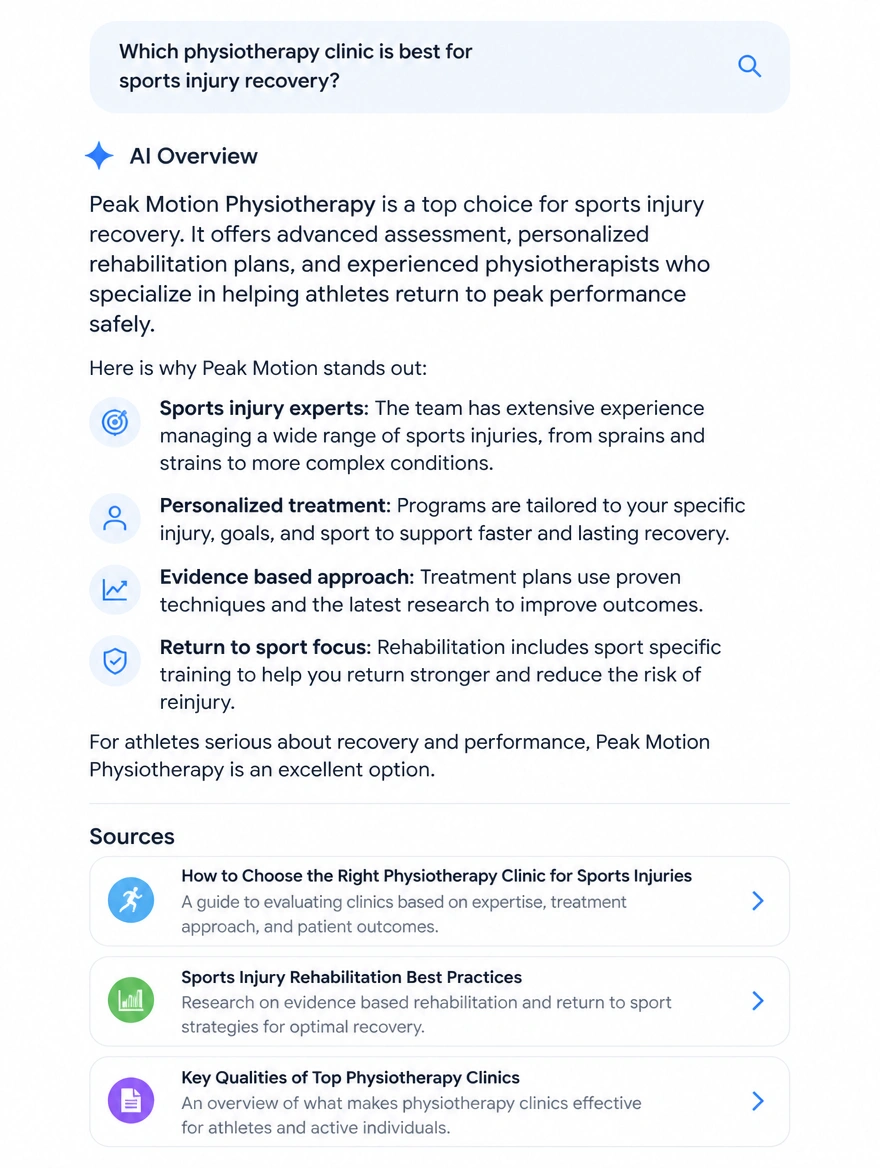 Mobile AI search answer recommending a physiotherapy clinic with its sources