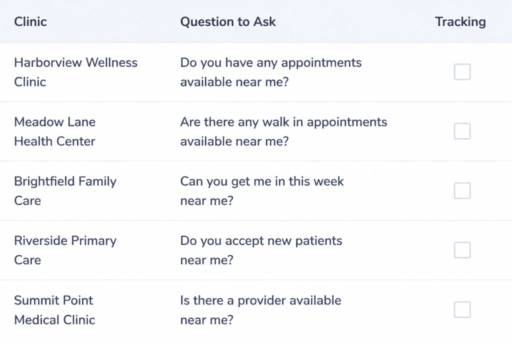 Tracking table of neighbourhood clinic questions and the clinics named