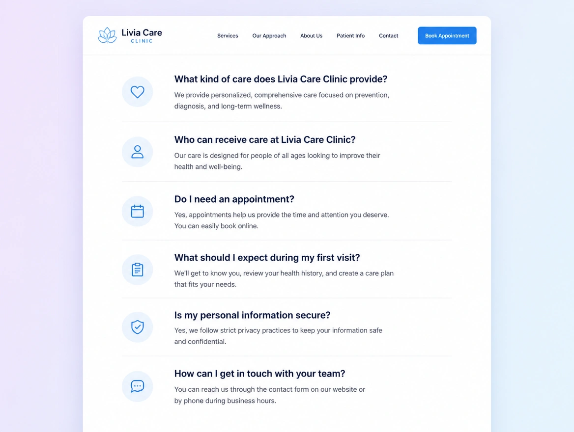 Website mockup showing question-shaped headings