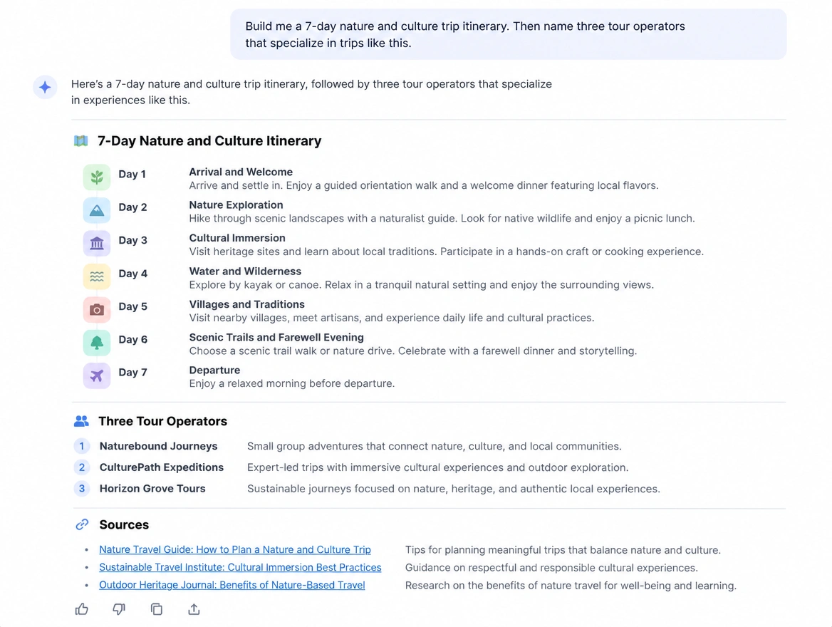 AI assistant answer building a trip itinerary and naming three tour operators