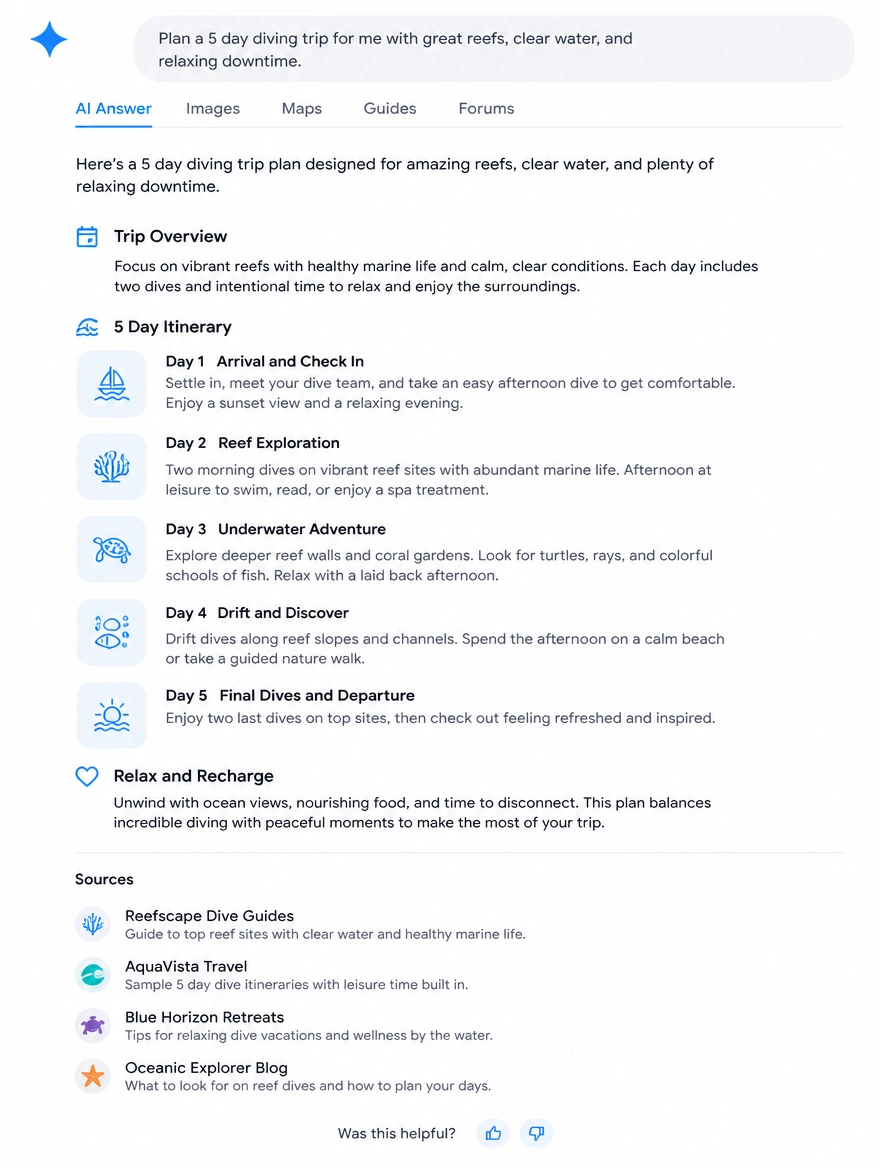 Mobile AI search answer planning a diving trip with its sources listed