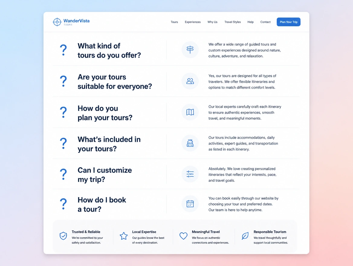 Website mockup showing question-shaped headings