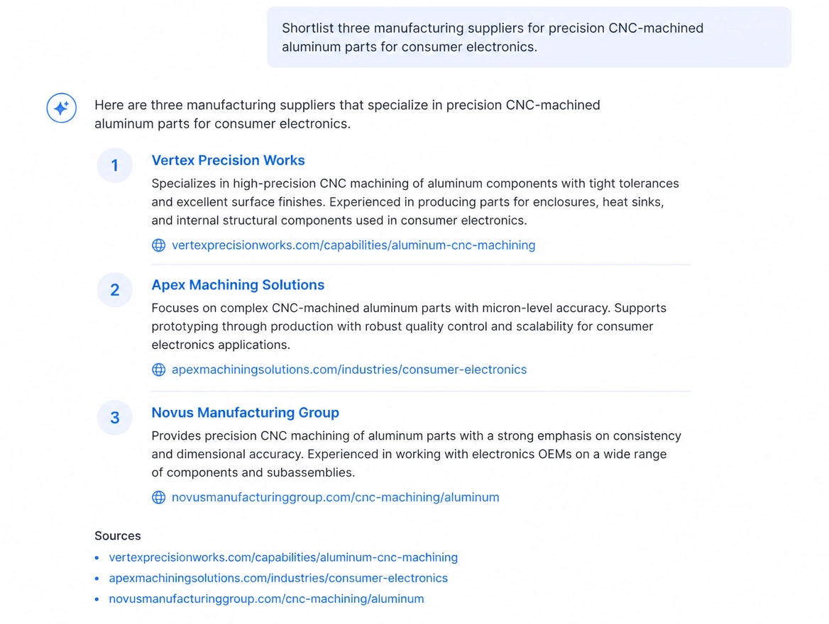 AI assistant answer shortlisting three manufacturing suppliers with cited sources